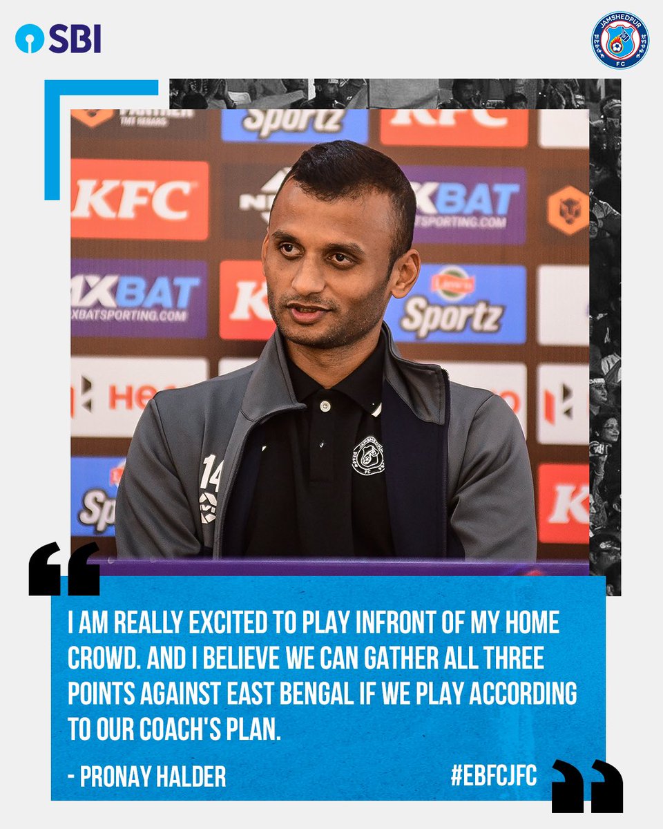 JamshedpurFC's tweet photo. 🗣️Pronay is excited to be back in front of his home crowd as we gear up for #EBFCJFC tonight.

#JamKeKhelo #EBFCJFC @TheOfficialSBI @PronayHalder25 https://t.co/SHmrtGjOlj