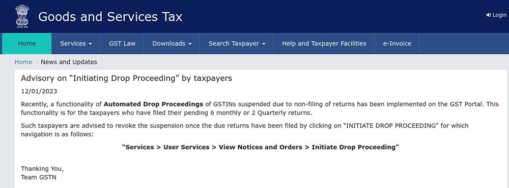 GST Authorities have now implemented the Automated Drop Proceedings (new functionality) on the GST official Portal.

#gst #gstupdates #gstindia #gstindia #gstreturns #gstnews #gstr #gstupdate #gstcompliance #gstfiling #gstr #gstportal #gstreturnfiling #finsights #tallyonmobile