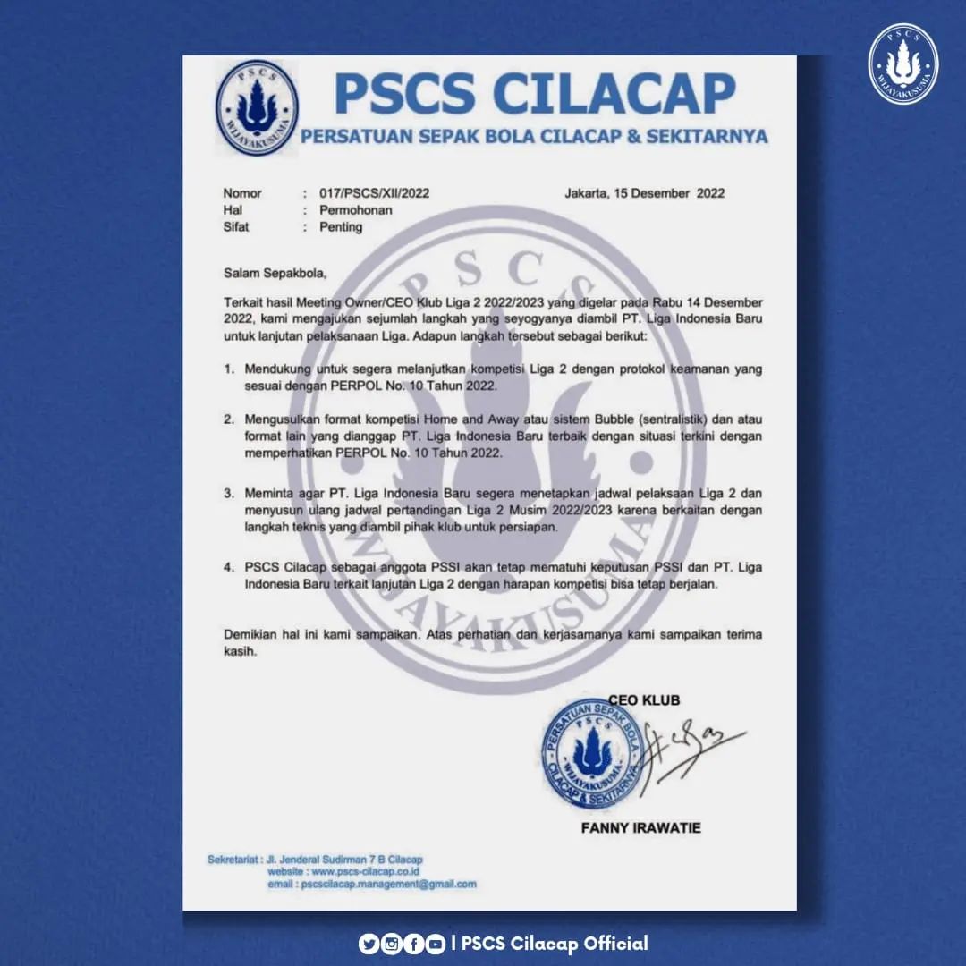 Resmi,Club Statement PSCS Cilacap.