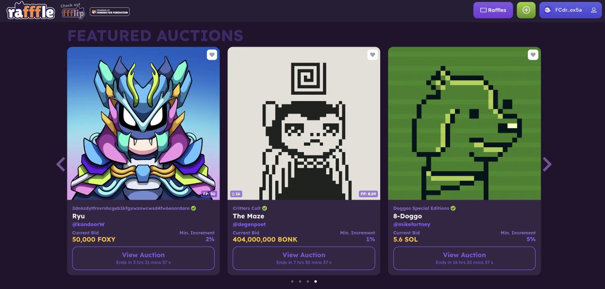 Don't forget to check on the newest addition to the FFF Rafffle site -  AUCTIONS!🦊🟠

Right now, there's a couple of featured pieces coming from <a href="/Picopops/">Picopops</a>, <a href="/0xChrisSaturn/">Chris Saturn</a>, and <a href="/degenpoet/">degen poet ⚛️⚡️</a>!🔥