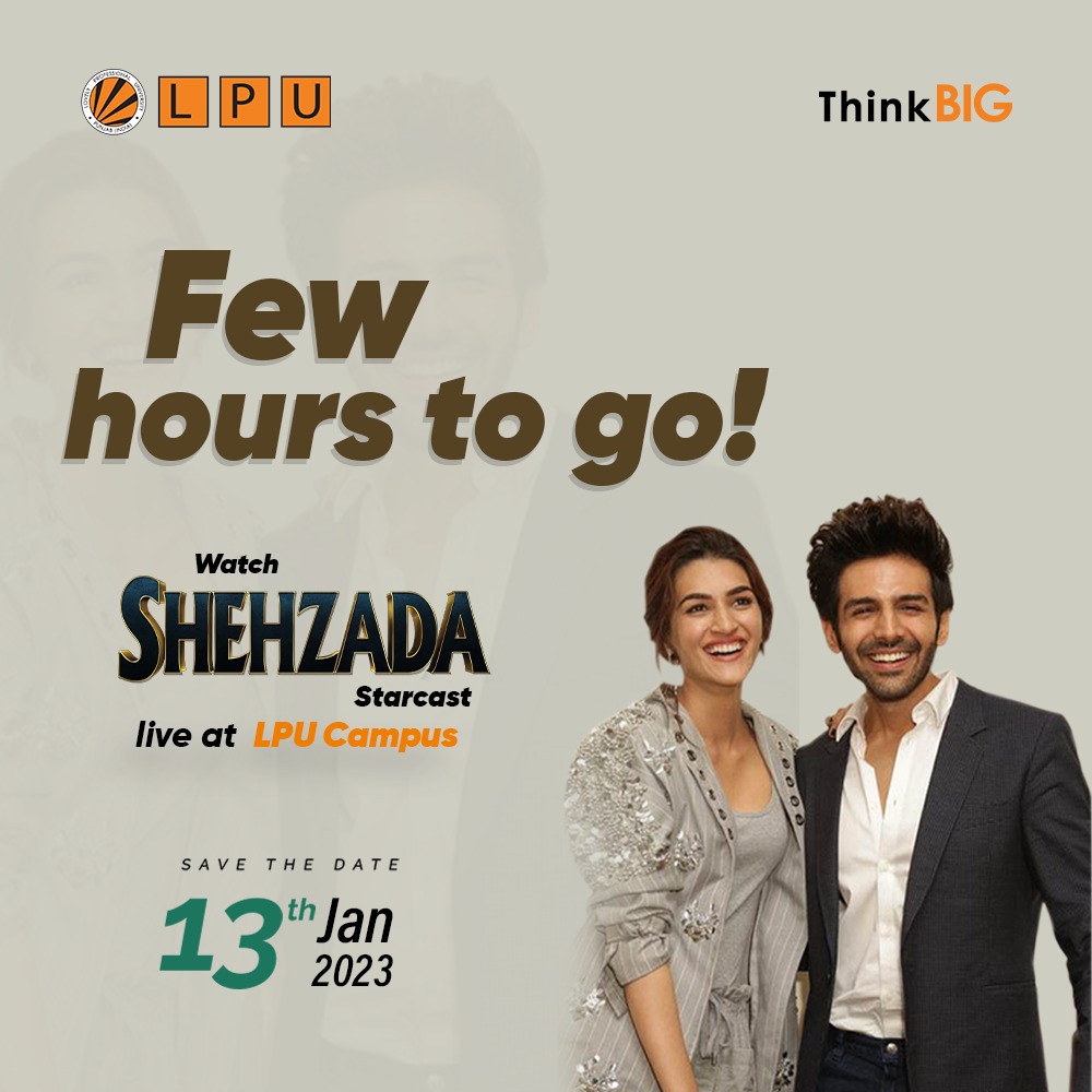 lpuuniversity's tweet photo. Just a few hours to go for our #LPUFamily to have a blockbuster Bollywood style Lohri!

Brace yourselves to watch Shehzada starcast- Kartik Aaryan and Kriti Sanon LIVE at our #LPUCampus today.
#LPUForYou #KartikAaryan #KritiSanon #Bollywood #LifeAtLPU #Lohri #HappyLohri #ThinkBIG https://t.co/zrGkhN9PY6