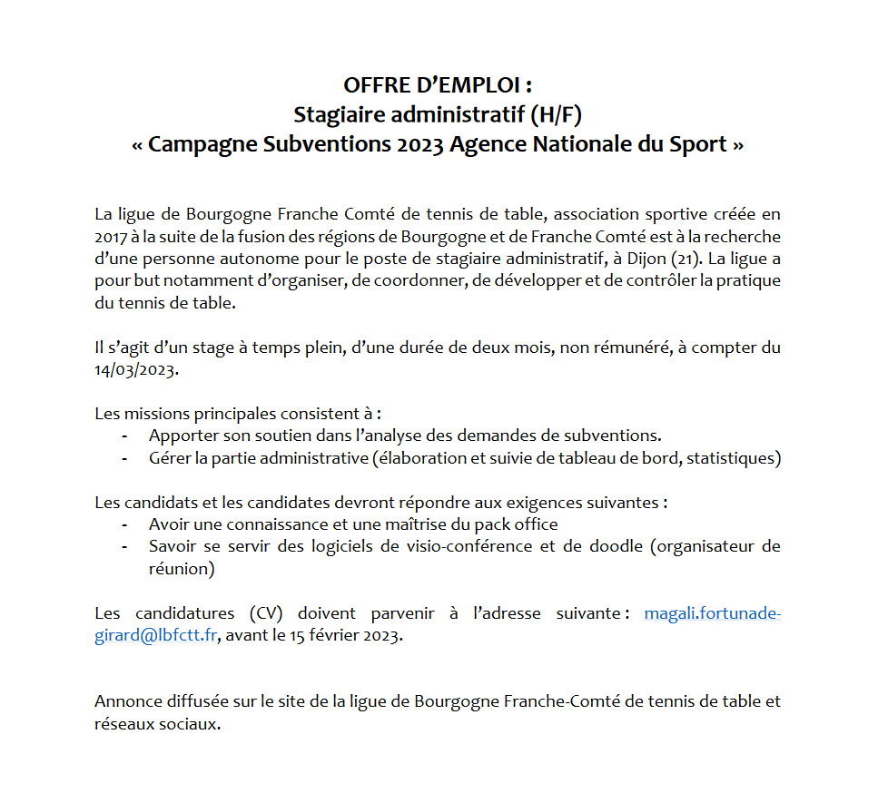 ⚠️𝐀𝐋𝐄𝐑𝐓𝐄 𝐎𝐅𝐅𝐑𝐄 𝐃𝐄 𝐒𝐓𝐀𝐆𝐄⚠️| La Ligue Bourgogne-Franche-Comté de Tennis de Table est à la recherche d’un stagiaire administratif à temps plein et sur une durée de deux mois.