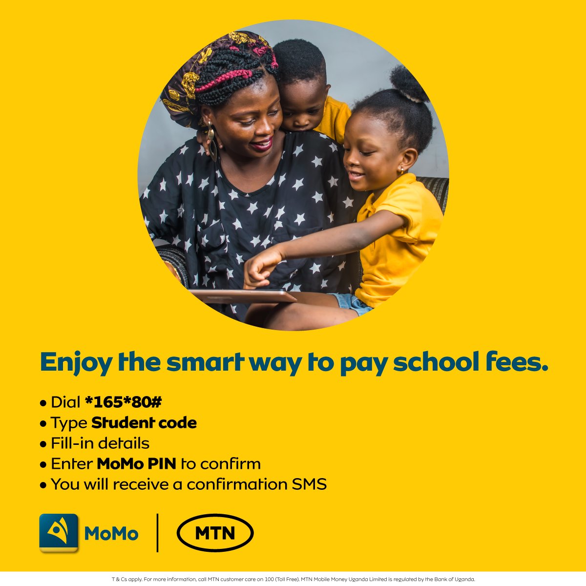 mtnug's tweet photo. Pay school fees the smart way. 
1⃣Dial *165*80#
2⃣Type Student code
3⃣Fill-in details
4⃣Enter #MTNMoMo PIN to confirm
5⃣You will receive a confirmation SMS.

You can also use the #MTNMoMo app. https://t.co/Wuq0h1BgsS