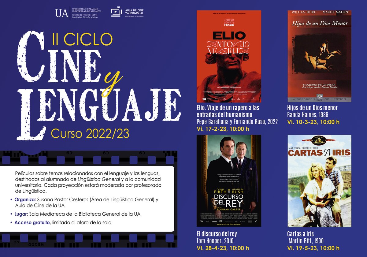 II Ciclo de Cine y Lenguaje, en colaboración con <a href="/aulacineua/">AulaCineUA 🎞️🎞️🎞️🎞️🎞️📽️🎭</a>: películas documentales y de ficción relacionadas con las lenguas y la lingüística, para nuestro alumnado de Lingüística General I en <a href="/LletresUA/">LletresUA</a> (<a href="/Berto1203/">Alberto Rodríguez-Lifante</a>, <a href="/mariaparrula/">María Méndez Santos</a>, M.Á. Mora y V. Vives).