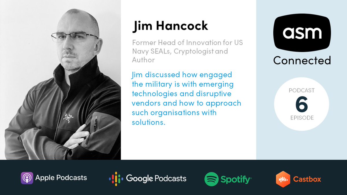 ASMTechnologies's tweet image. Catch up with episode 6 of #ASMConnected, with Jim Hancock, former Head of Innovation, US Navy SEAL&apos;s who shares insights about #emergingtech #AI #5G #Autonomous #innovation #Military #technology