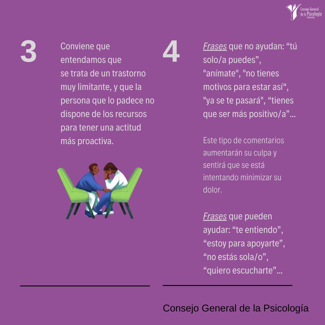 cop_psicologia's tweet photo. ❌Los datos sobre la #depresión son devastadores. Casi 3 millones de personas sufren este trastorno mental en España. ¿Cómo actuar si crees que algún familiar, amigo o conocido pueda estar padeciendo depresión? 
✅Os facilitamos algunos consejos:
#HablemosDeDepresión #psicología https://t.co/8d6sv6kemN