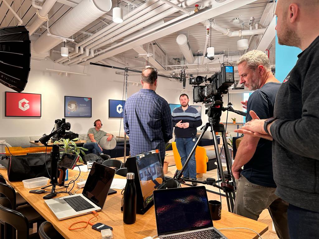 markmccluskey's tweet photo. It's been a long time since I did any filming in an office , thanks Kirk Duffy Bini Patel Amy Nason  for an impressive setup https://t.co/N1SitAtA2g