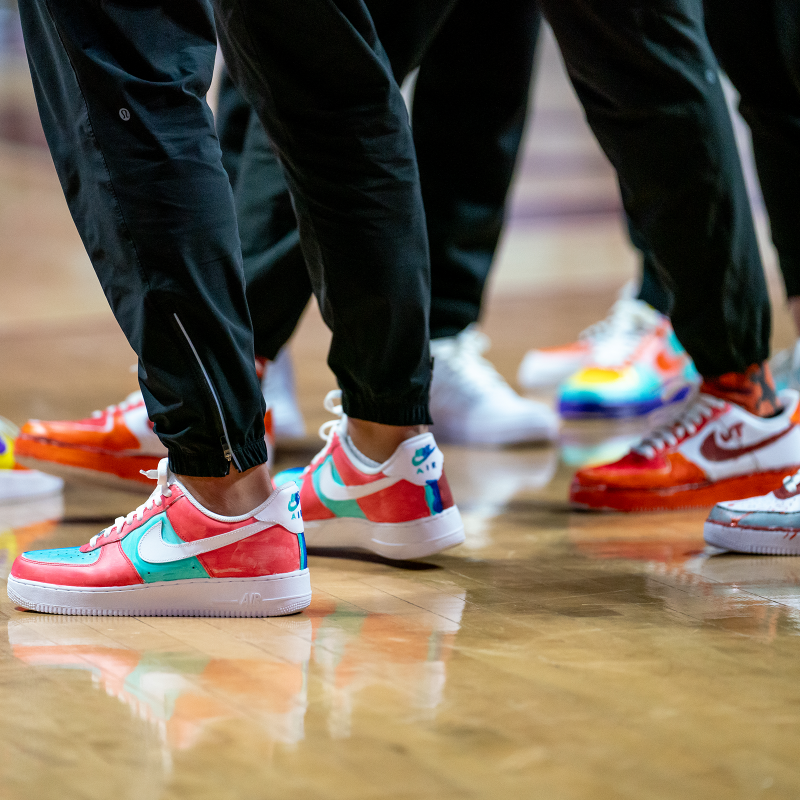 hokiesports's tweet photo. What a night ☺️

@HokiesWBB's staff had the honor of wearing these custom shoes painted by @CarilionClinic's pediatric oncology patients for 𝗖𝗼𝗮𝗰𝗵𝗲𝘀 𝘃𝘀. 𝗖𝗮𝗻𝗰𝗲𝗿.

Text 'Carilion' to 71760 to bid on the shoes 📲