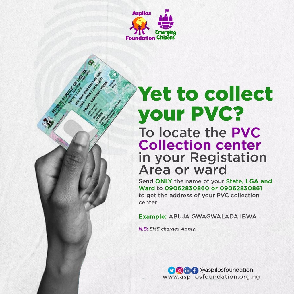 aspilosfdn's tweet photo. Yet to collect your PVC?

INEC has simplified the collection of PVC at the Ward level.
Just text any of the above two dedicated INEC number to locate your PVC.
#getyourpvc
#collectyourpvc
#inec
#nigeriadecides2023
#nopvcnovoting
#inecnigeria https://t.co/jBMVGi9mvM