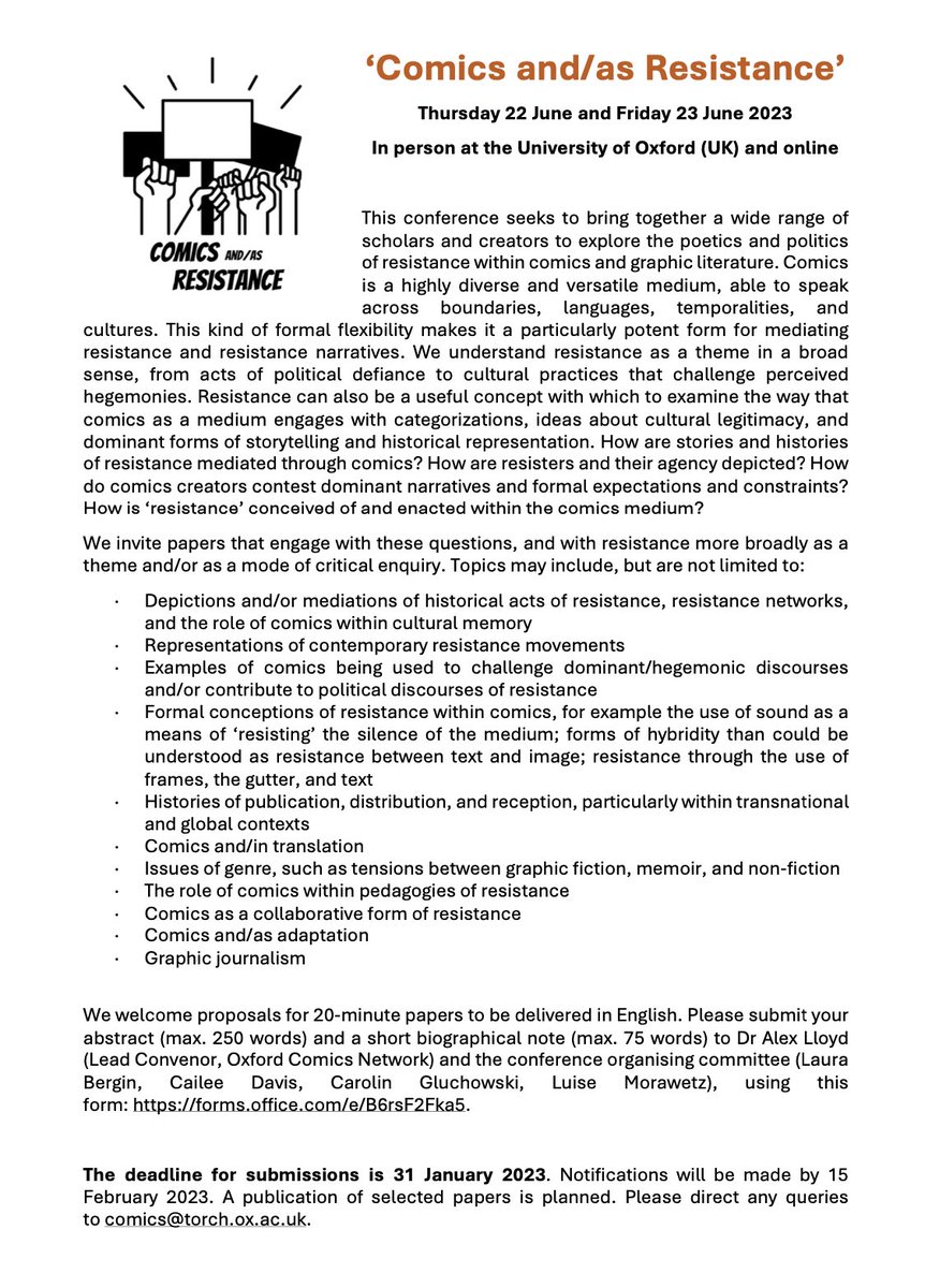 The deadline for proposals for the conference Comics and/as Resistance is 31 January 2023! There's still time to find out more and put together your proposal. We can't wait to read it! #comics #comicsresearch