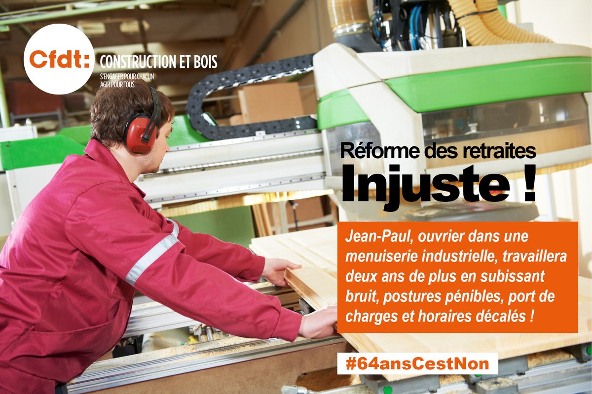 fncbcfdt's tweet photo. Injuste! Jean-Paul, ouvrier dans une menuiserie industrielle, travaillera deux ans de plus en subissant bruit, postures pénibles, port de charges et horaires décalés !
#64ansCestNon #metstesbasketspourlaretraite #Retraites https://t.co/waWfkRaUX1
