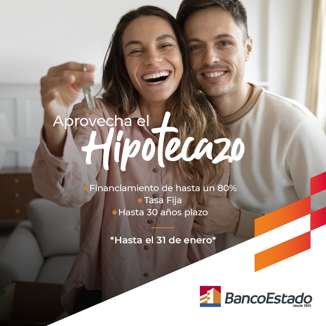 BancoEstado's tweet photo. ¡Tienes hasta el 31 de enero para acceder al Hipotecazo de BancoEstado!

Si estás cotizando crédito para tu vivienda, recuerda que contamos con una tasa fija en UF más un 3,7% anual. Además, financiamos hasta un 80% y por 20 años de plazo

Conoce más en https://t.co/iTtKd8QskY https://t.co/jXCbeFJHNP