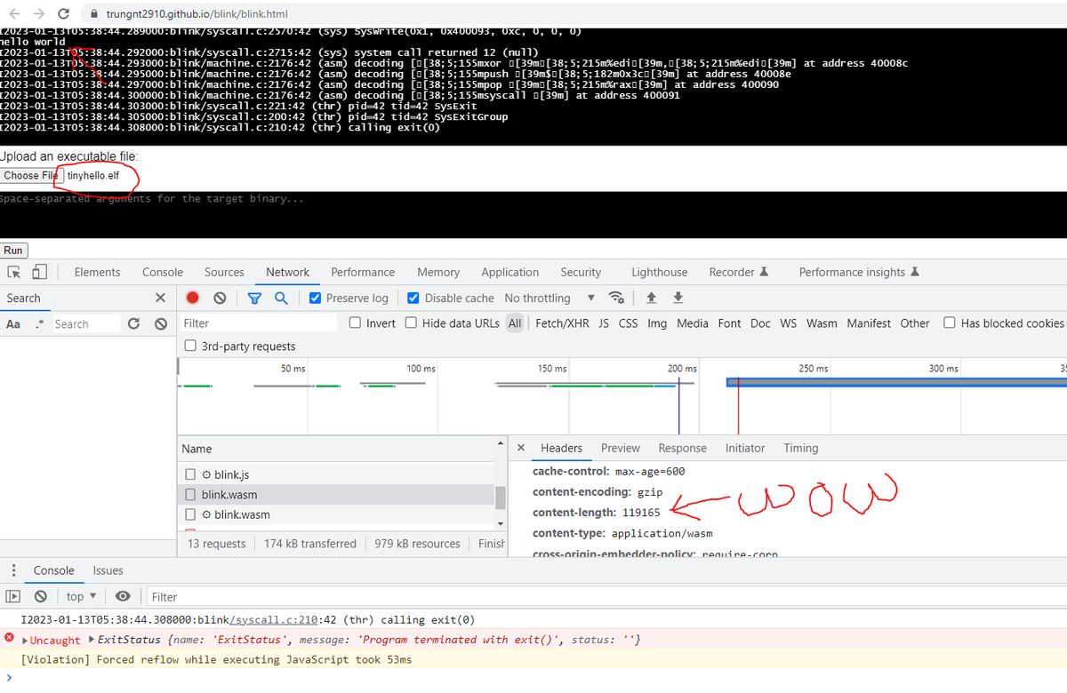We've just created a 116kb WASM build of Blink that lets you run x86_64 Linux binaries in the browser. It supports 500 instructions and 130 system calls. github.com/jart/blink/iss…