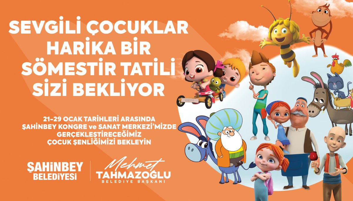Çocuklar;
masal tadında bir tatile hazır mısınız?☺️

Sömestiriniz için muhteşem bir eğlence şöleni hazırladık.🎊

Müzikaller, tiyatrolar, sinemalar, oyun alanları ve daha niceleri...

O zaman 👇🏻

🗓️21-29 Ocak arası
📍Şahinbey Kongre ve Sanat Merkezi'mizde buluşalım.