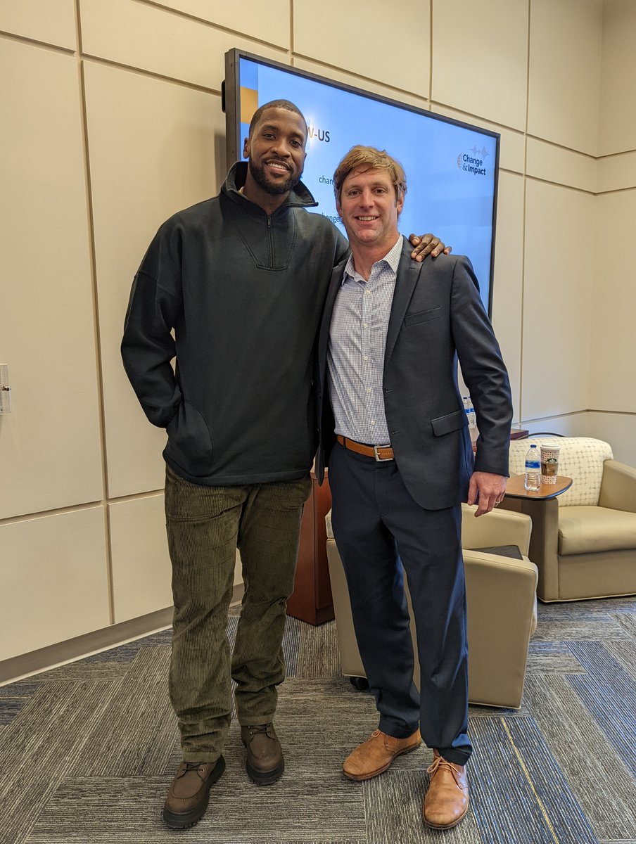 Dr. Patrick Briley (R) and Michael Kidd-Gilchrist (L) both experience stuttering. Dr. Briley hosted Michael on a visit to campus during which both men shared their journeys with a room of students, faculty, and patients who also experience stuttering. @change_n_impact