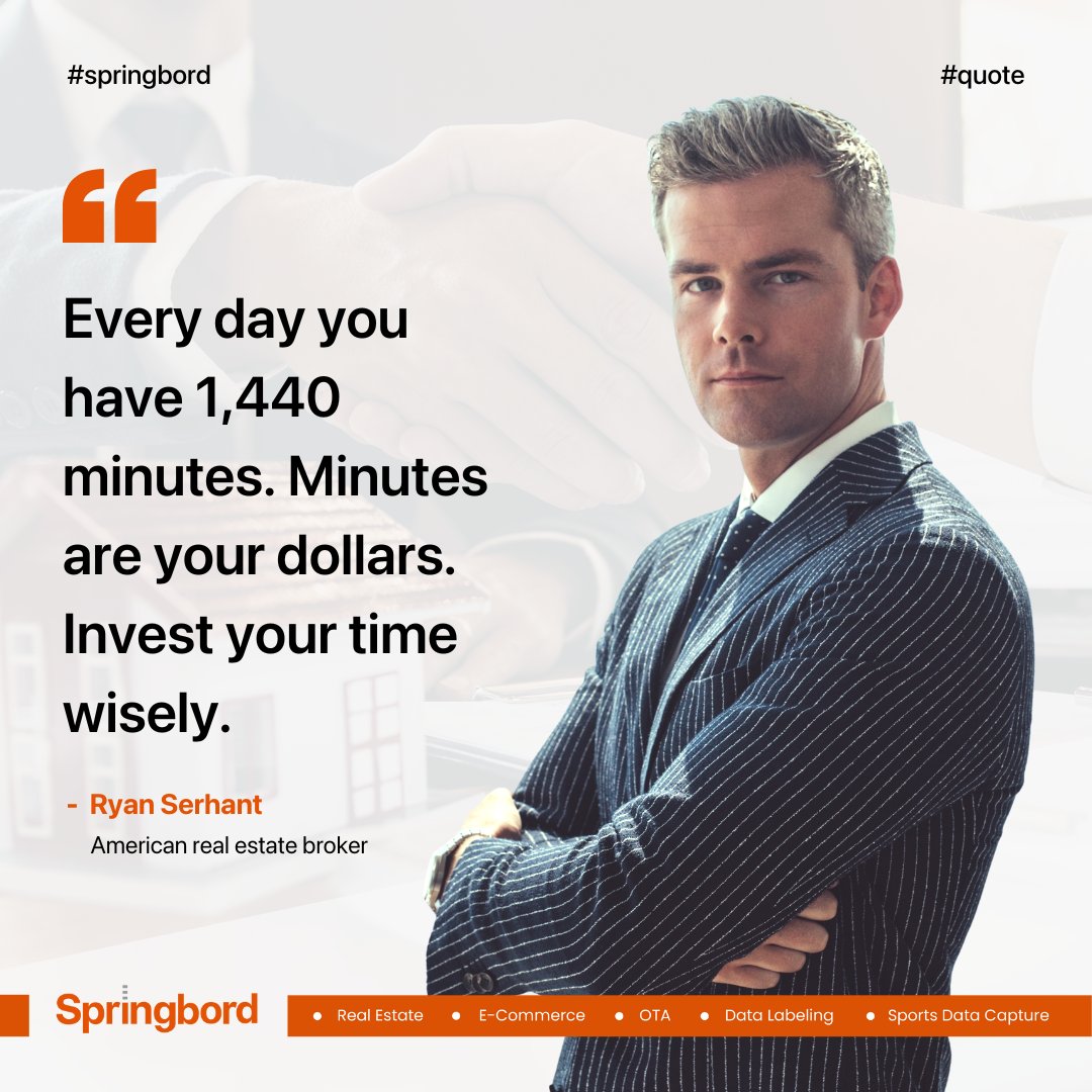 RE_DataProvider's tweet image. #fridayquotes #quotefortheday #RyanSerhant
.
.
.
“Every day you have 1,440 minutes. Minutes are your dollars. Invest your time wisely.” – Ryan Serhant
.
.
.
#Springbord #CommercialRealEstate #Lease #Abstraction #Administration #CAM #Reconciliation #Audit #Services #Outsourcing