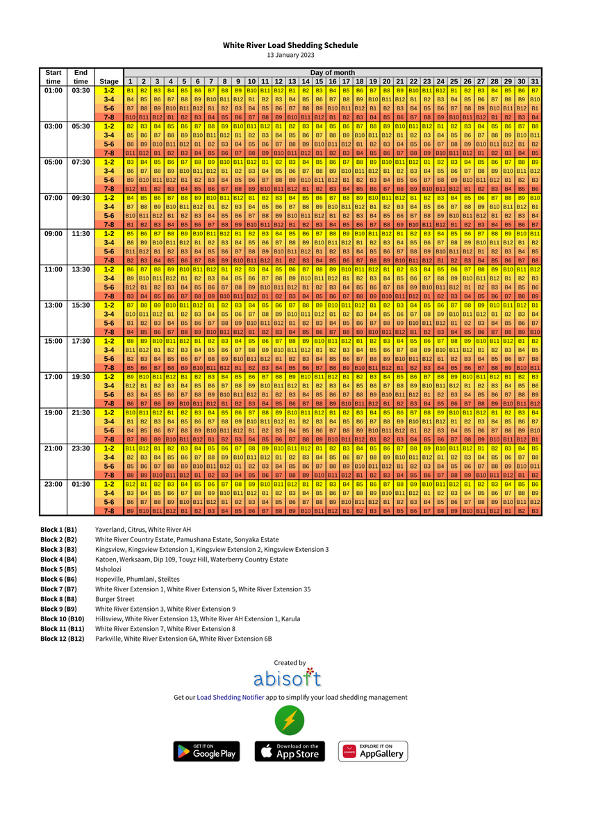 abisoft11's tweet photo. White River municipality has implemented a new load shedding schedule from today. Please upgrade to the latest version of load shedding notifier to get the new schedules. You can also find them here. https://t.co/E8jmkeuPmh