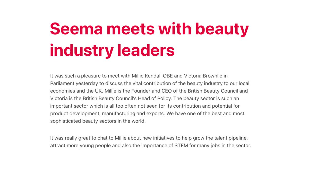 <a href="/SeemaMalhotra1/">Seema Malhotra MP</a> met with beauty industry leaders @MillieRKendall O.B.E. and <a href="/vmbrown/">Victoria Brownlie</a> in Parliament this week to discuss the importance of the beauty industry to our local economies and the UK.

Find out more: seemamalhotra.laboursites.org/2023/01/12/see…