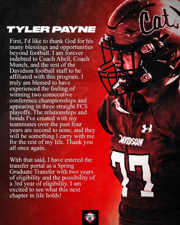 Forever grateful for the opportunity <a href="/DavidsonFB/">Davidson Football</a>. I’m excited to announce I have entered the transfer portal as a Graduate Transfer with 2 years of eligibility, and the possibility of a 3rd year of eligibility!