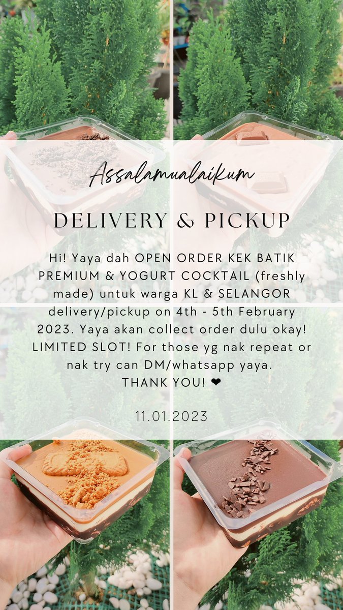 _Daeyaaaa's tweet photo. Assalamualaikum warga KL &amp; Selangor ❤️ siapa yg berminat boleh whatsapp yaya terus oka! Masih ada slot kosong lagi 🥺

https://t.co/MQZYeaEDVV https://t.co/bxsyv1nDnm
