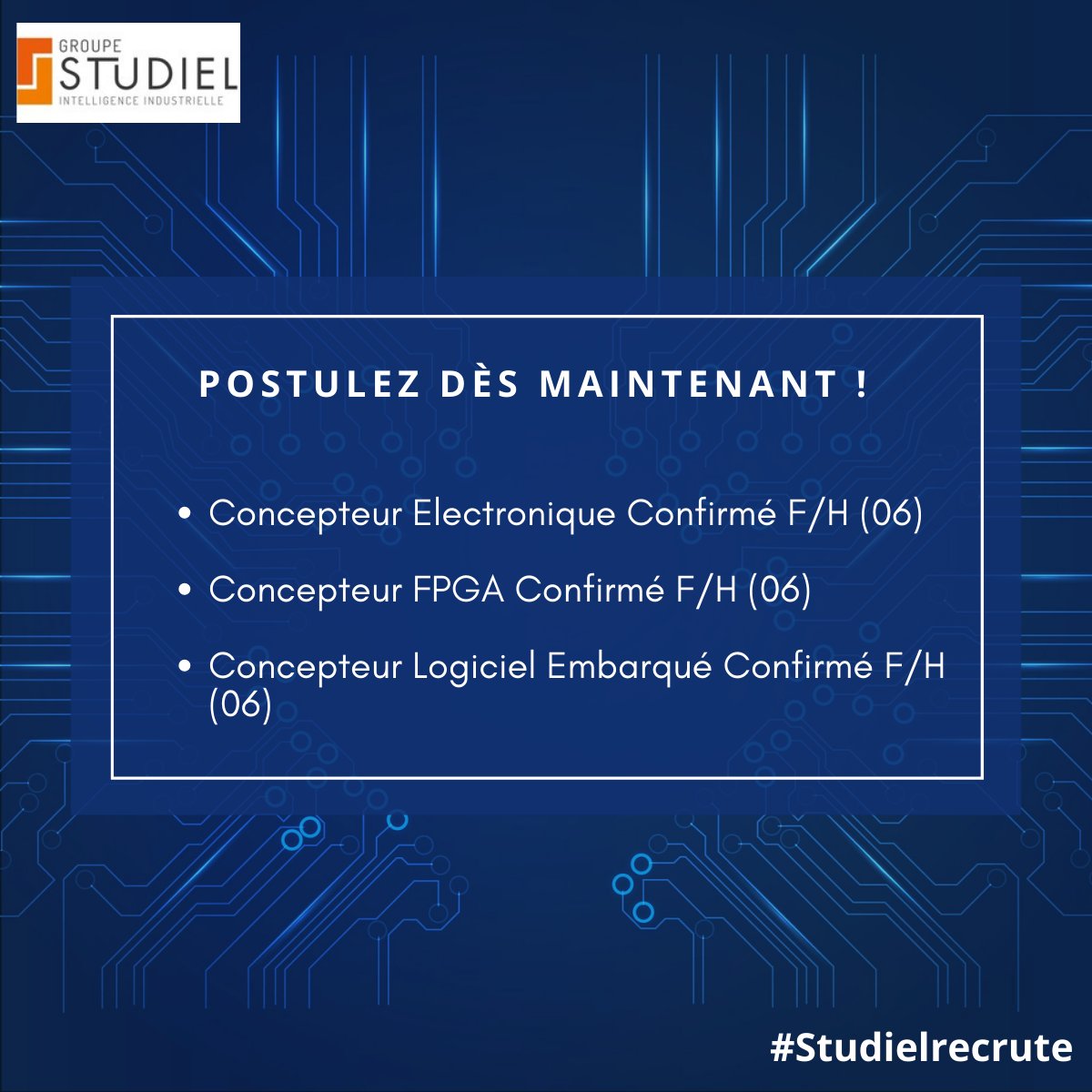 3 postes attendent les passionnés d'électronique et de système.
Transmettez votre CV sur recrutement@studielgroup.com.
Retrouvez toutes nos offres ici : lnkd.in/dgTuyk7

#Studielrecrute #recrutement #emploi #electronique #systeme