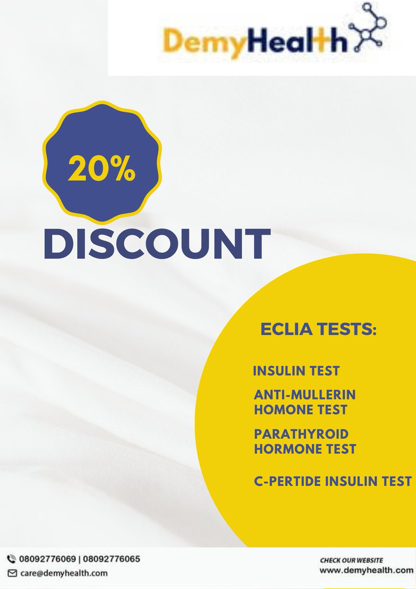 DEMYHEALTH's tweet photo. TGIF !!!
Take advantage of this weekend to contact us for your ECLIA Tests while discount last.

#Obasanjo #Health #PeterObi4President2023 #INEC #ECLIA #DemyHealth #EmpressNjamah https://t.co/eJ8TduwjZa