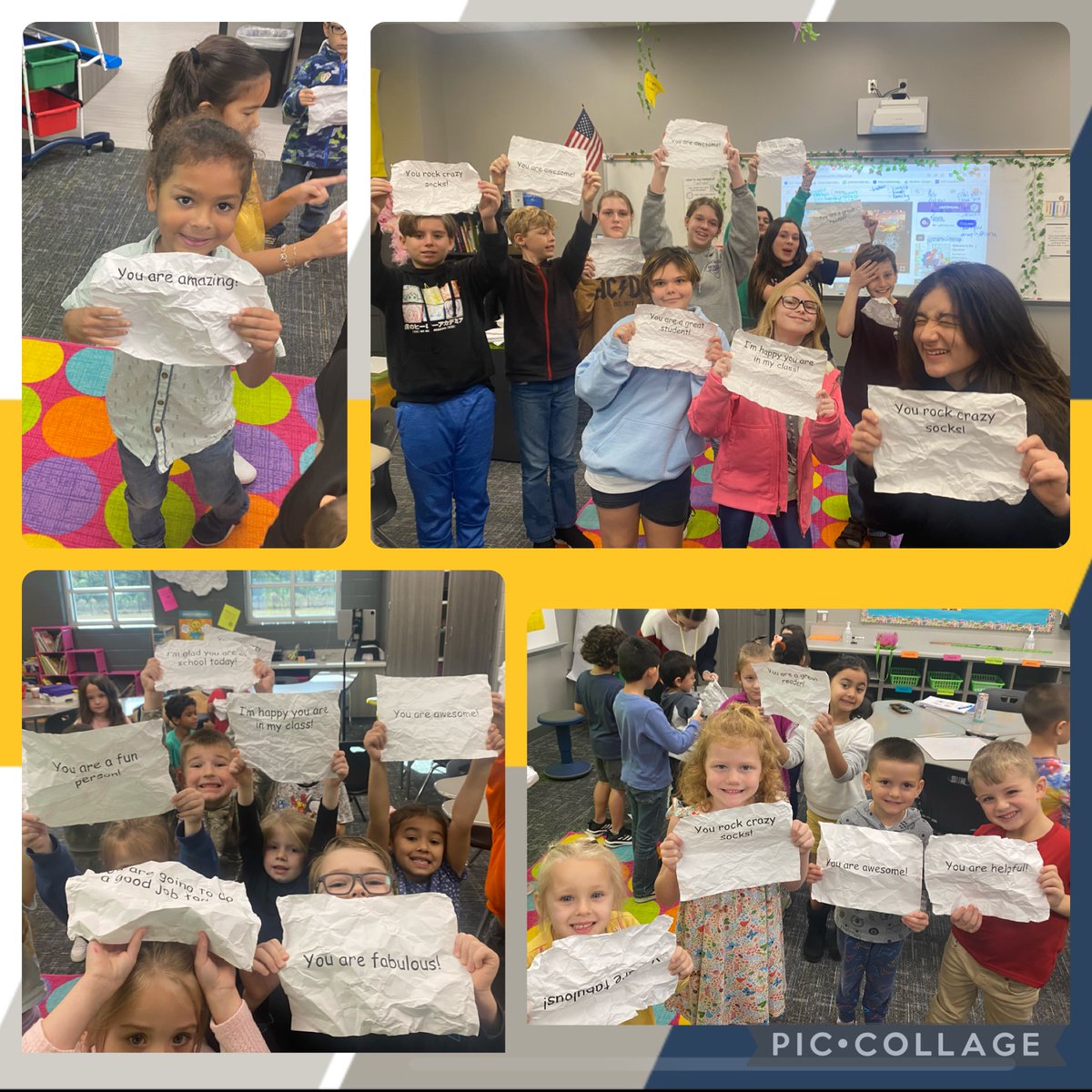 Snowball fight with Mrs. Wright! It doesn't matter your age, EVERYONE loves affirmations! Look at this pure joy Kindergarten and 6th Grade! #schoolcounseling #affirmations #motivation
