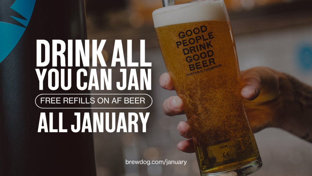 🍻 Whether you're doing dry January or damp January...

We're offering unlimited refills if you buy a pint of any of our alcohol-free draft beers!

— Just to make things a little bit easier. 😉

#Brewdog #Bdmanchester #dryjanuary #afrefills #januaryoffers #mcr