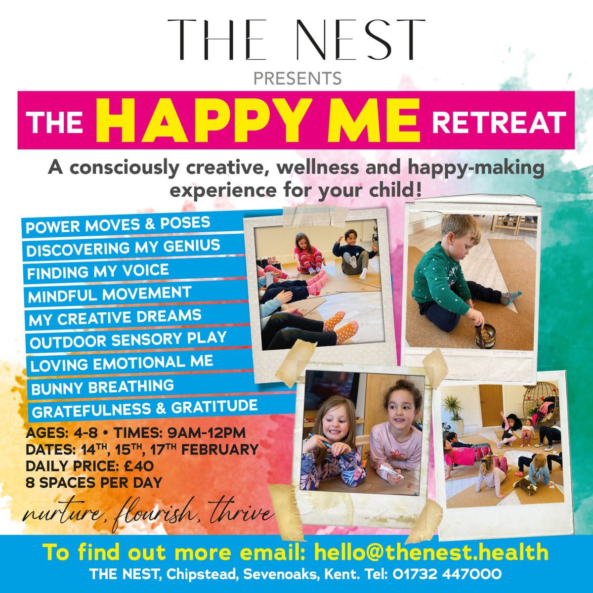 The Nest is pleased to present The HAPPY ME Retreat for our Little Nester's this half term. 

Full of creative and informative activities we know your child will LOVE 🧸🤍🌿 

Book NOW on our Events page on our website. Be quick as there are very limited spaces!