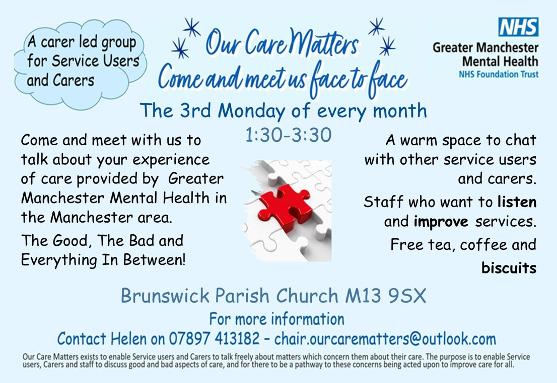Neil Grace (@neilgracegmmh) on Twitter photo Calling all service users and carers accessing services through <a href="/GMMH_NHS/">Greater Manchester Mental Health</a> in Central, North & South Manchester ๐
Please see below details of the Our Care Matters Forum to support service improvements and share your views.
#GMMHGetInvolved Calling all service users and carers accessing services through <a href="/GMMH_NHS/">Greater Manchester Mental Health</a> in Central, North & South Manchester ๐
Please see below details of the Our Care Matters Forum to support service improvements and share your views.
#GMMHGetInvolved