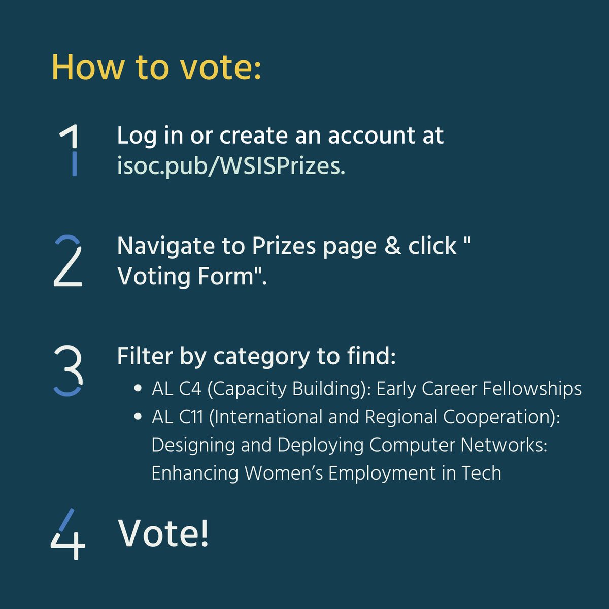 🎉 Two of our programs have been nominated for 2023 #WSISPrizes! 🥳 Both the Early Career Fellowship and our Designing and Deploying Computer Networks: Enhancing Women’s Employment in Tech program are up for prizes. Vote for them to win here: isoc.pub/WSISPrizes