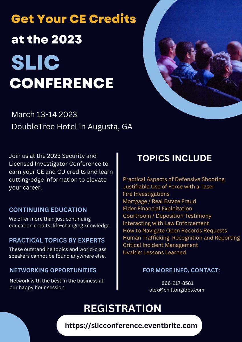 CGASolutions_'s tweet photo. Elevate your knowledge and skillset at the SLIC Conference for ambitious investigation and security professionals. March 13-14 in Augusta, Georgia

Sign up today to save your seat. 

https://t.co/0XjQaJQjs4

#cecredits #ceucredits #privateinvestigation #security #georgia #PI https://t.co/jrBR4CE57w
