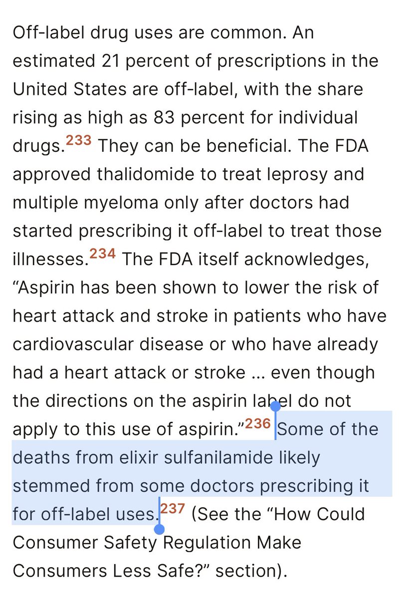 mfcannon's tweet photo. Aspirin to prevent heart attacks was an off-label use.
So were many of the prescriptions doctors wrote for elixir sulfanilamide.
It’s easier to say most cancer treatments are off-label than it is to show those treatments work.
https://t.co/HZxCV5be1m @CincyNomad #PerfectlyFine https://t.co/HOi3LCnTrP