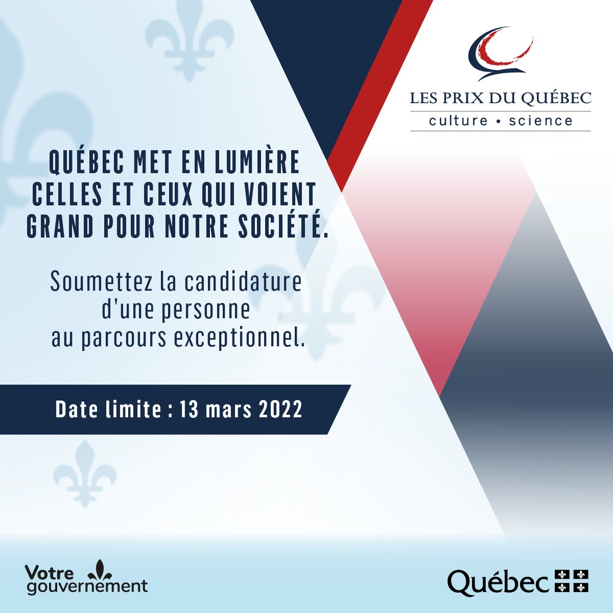 economie_quebec's tweet photo. [ COMMUNIQUÉ ]
#PrixduQuébec - Le @GouvQc lance l'appel de candidatures 2023 👉https://t.co/Zcv5lD9WPd
#science #scienceQc #relèveenscience #recherche #innovationsociale #génie #sciencesnaturelles #scienceshumaines #sciencessociales #relèveenscience #femmesenscience https://t.co/aky836aF96