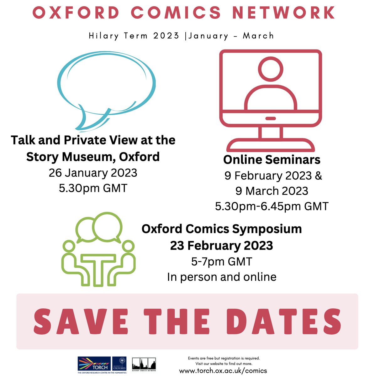 Save the Dates! We have four exciting events coming up between January and March 2023. More info on our website: torch.ox.ac.uk/comics#tab-740… and further details to follow soon! #Comics #ComicsResearch