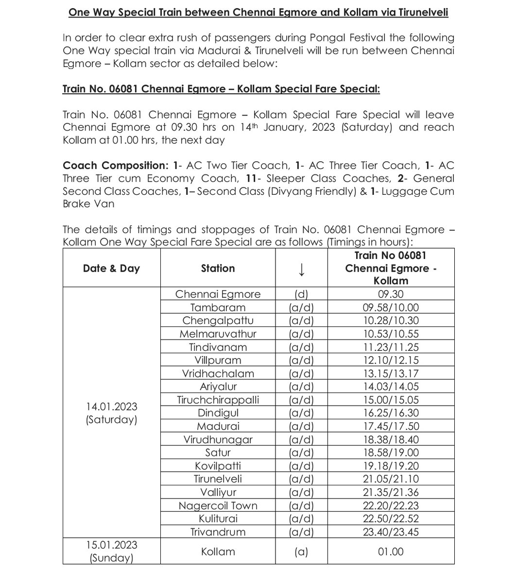 GMSRailway's tweet photo. Chennai Egmore - Kollam one way special via Madurai, Tirunelveli - Bookings open https://t.co/rhWNa5nEEu
