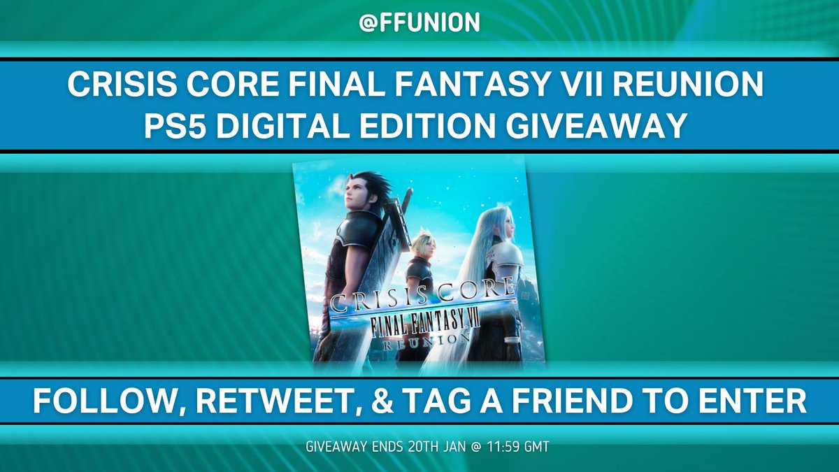 ffunion's tweet photo. 🌟 FINAL FANTASY GIVEAWAY 🌟

To celebrate the 1 month anniversary of Crisis Core @finalfantasyvii Reunion's release...

We're giving away a few copies of the game!

To Enter: Follow, Retweet, + Tag a friend in the comments! May the odds be in your favor✨ https://t.co/obOvXUu0ks