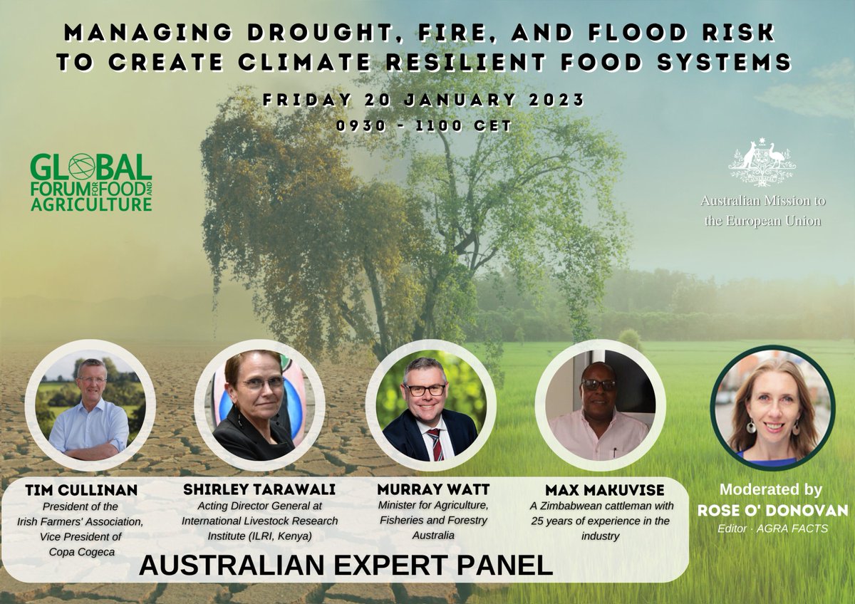 Inviting all who are attending #GFFA to join 🇦🇺 Agriculture Minister Murray Watt and his distinguished panel to discuss #ClimateResilient food systems in Australia, the EU and Africa. 9.30am CET Friday 20 January, CityCube, Berlin