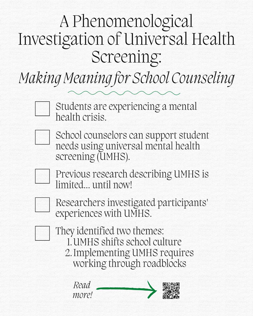 #FridayFinds

From Emily, Peg and Jen: an article on #universalscreening and #schoolcounselors in the Professional School Counselor journal. One of the first focused on the experiences of school counselors! Check it out!

journals.sagepub.com/doi/abs/10.117… 

#scchat #mtss #makingmtsswork