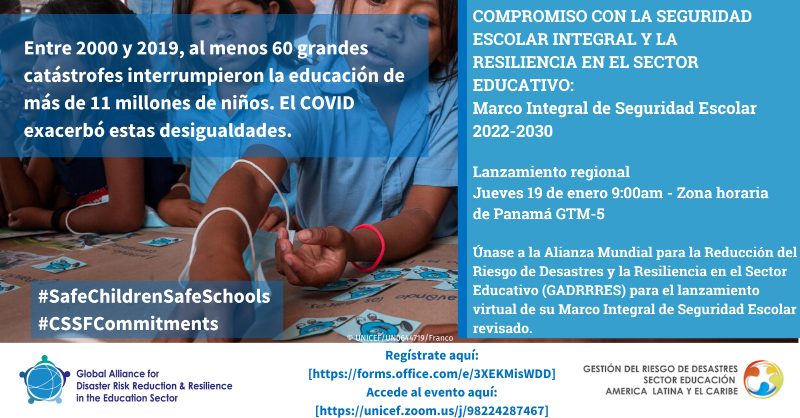 GADRRRES's tweet photo. 📌 El Lanzamiento Regional del Marco Integral de Seguridad Escolar 2022-2030 en LACRO 🌎 se realiza hoy a las 09:00 AM PYT
Únete al evento haciendo clic en este enlace👇
#SafeChildrenSafeSchools #CSSFCommitments #SafeInSchool
@uniceflac @INEEtweets @RETAmericas @SaveChildrenLAC