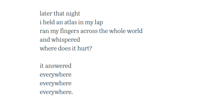 EliotJacobson's tweet photo. This remarkable poem by Warsan Shire was shared with me in a response to one of my recent Tweets.  

https://t.co/Bh6gvnNgmz

The last few lines are a concise summary of life everywhere on planet Earth at this very sad moment.  Everything hurts. https://t.co/PPSgBrcj1v