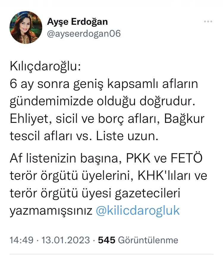 onları da reis affetsin, malum kılıçdaroğlu neye niyetlense reis önden koşup ondan önce hallediyor @ayseerdogan06