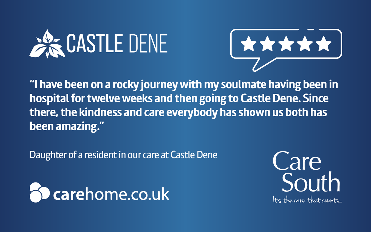 CareSouthUK's tweet photo. Read this heartfelt #CastleDene #review:

"I have been on a rocky journey with my soulmate having been in hospital, then going to Castle Dene. Since there, the kindness and care everybody has shown us has been amazing."
⭐⭐⭐⭐⭐

#CareSouthUK #FoodFunFriendship #FiveStarFriday https://t.co/w0ryUKSKGN