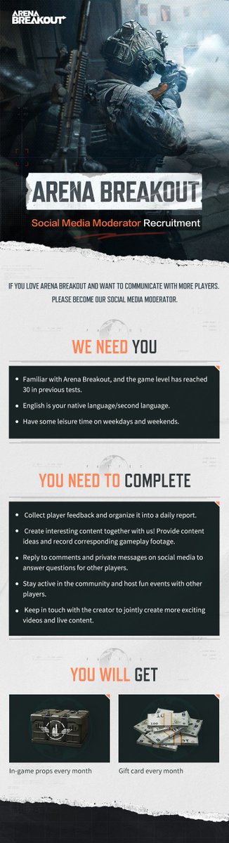 Arena__Breakout's tweet photo. 👇Social Media Moderator Recruitment👇
Sign up to be our social media moderator now: https://t.co/lLvdYgbqvu
The deadline for filling: Jan 28th 23:59[UTC+8]
Let's create more interesting content together! https://t.co/0sB9WDQzGL