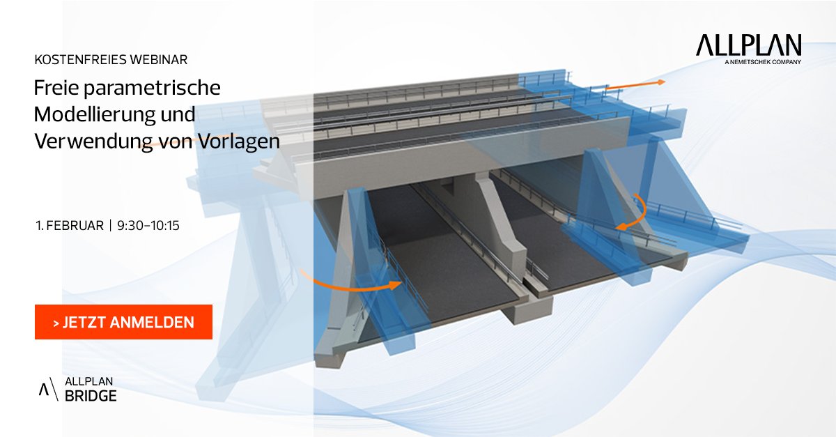 AllplanAustria's tweet photo. In unserem #Webinar am 1.2. zeigt Ihnen unser Experte Blaž Mulavec wie Sie ein Brückenwiderlager mit dem neuen freien parametrischen Modellierungsansatz modellieren und die Möglichkeiten der Verwendung von Vorlagen.

👉 https://t.co/wEECG3H9F0

#allplan #allplanbridge #brückenbau https://t.co/kKvlSmvuXs