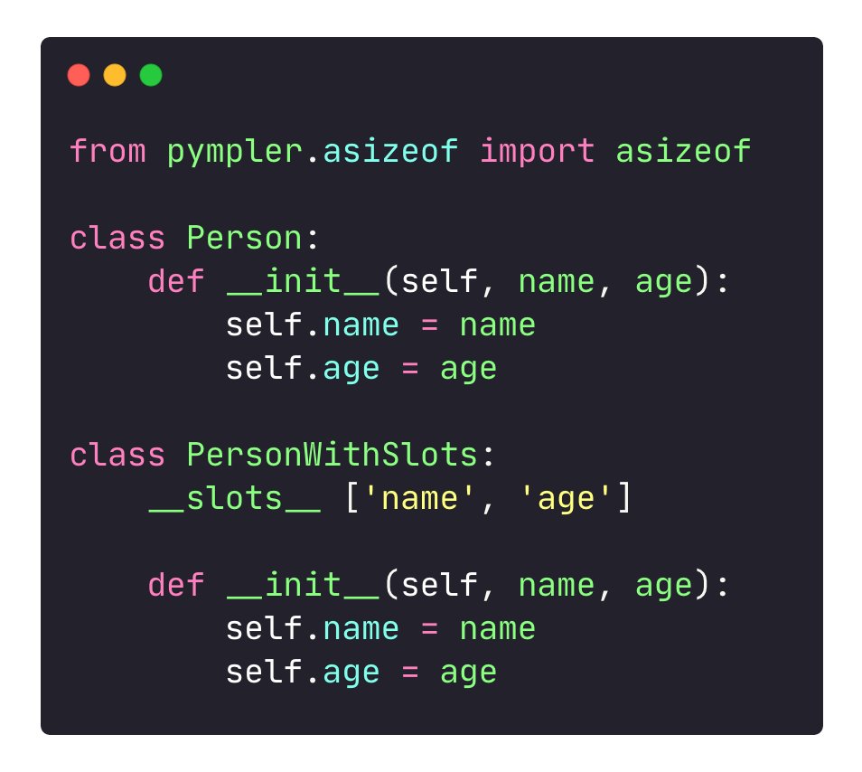 bitswired's tweet image. 💡 Python pro-tip: Tired of slow & clunky objects taking up too much memory?
Try 'slots'! Define fixed attributes, eliminate dictionary & reduce memory consumption.
In the attached example we reduced memory by x2.6!
#Python #MemoryOptimization #Programming