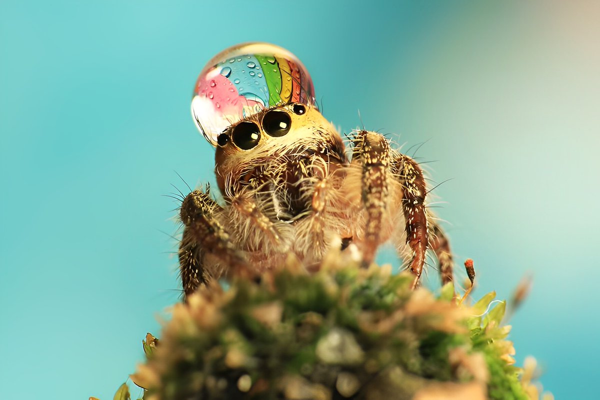 ElektraMadrigan's tweet photo. Uda Dennie a photographer from Batam Island, Indonesia noticed that the jumping spiders in his garden were catching raindrops on their heads and wearing them as hats. In one raindrop he captured the reflection of monarch butterflies; in another he caught rainbow sunlight. 🌈😍🥰 https://t.co/0wmPzxzxzC