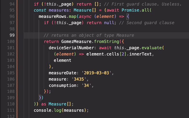 nicolasdaudin's tweet photo. Help les dev #TypeScript 🙏
- pq la ligne 94 est pas suffisante pour que le compiler se plaigne pas à la ligne 101? du coup je dois mettre la ligne 97.
- ligne 110 : je force le type de (Measure|null)[] à Measure[]. Sale ou pas?
- j'ai strictNullChecks à true. Bien? Pas bien? https://t.co/sx7yO4hdFG