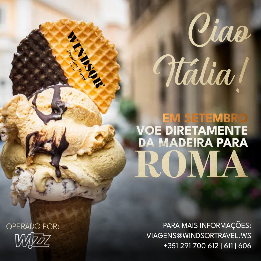 windsortravelgroup (@travelwindsor) on Twitter photo CIAO ITÁLIA! 🇮🇹
A partir de 6 de Setembro de 2023 voe diretamente da Madeira para Roma!
Voos diretos todas as quartas-feiras e domingos. Podemos marcar a sua viagem?
Para mais informações:
viagens@windsortravel.ws
+351 291 700 600 / 611 / 612 / 606 CIAO ITÁLIA! 🇮🇹
A partir de 6 de Setembro de 2023 voe diretamente da Madeira para Roma!
Voos diretos todas as quartas-feiras e domingos. Podemos marcar a sua viagem?
Para mais informações:
viagens@windsortravel.ws
+351 291 700 600 / 611 / 612 / 606