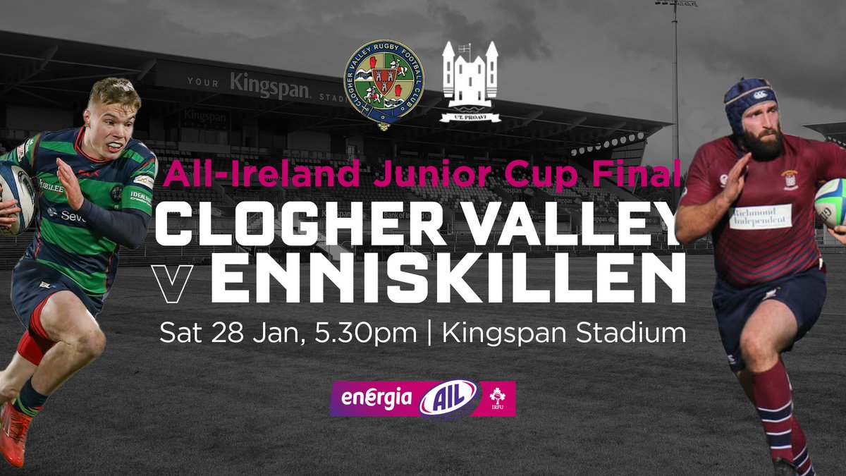 Rugby in Ulster (@ulsterbranch) on Twitter photo 🏆 The Energia All-Ireland Men’s Junior Cup final will again be held at Kingspan Stadium!
Champions <a href="/ClogherVRFC/">Clogher Valley</a> will defend their title against <a href="/EknRugby/">Enniskillen RFC</a> on Jan 28.
Get tickets now 🎟
ulster.rugby/tickets 🏆 The Energia All-Ireland Men’s Junior Cup final will again be held at Kingspan Stadium!
Champions <a href="/ClogherVRFC/">Clogher Valley</a> will defend their title against <a href="/EknRugby/">Enniskillen RFC</a> on Jan 28.
Get tickets now 🎟
ulster.rugby/tickets